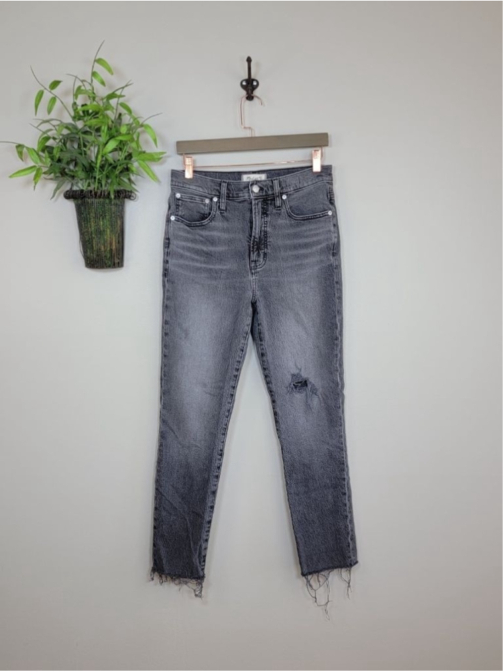 Madewell 27 Perfect Vintage Jeans Knee Rip High Rise Raw Hem Cosner Black Gray